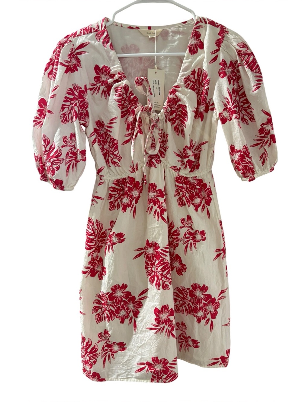 NWT‎ Sim & Sam Red White Beachy Lined Puff Sleeve Mini Dress Women's Size S